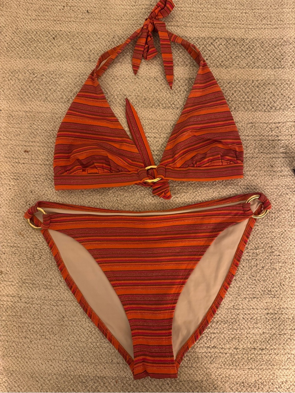 Shoshanna Orange and Red Striped Ring-Accent Bikini